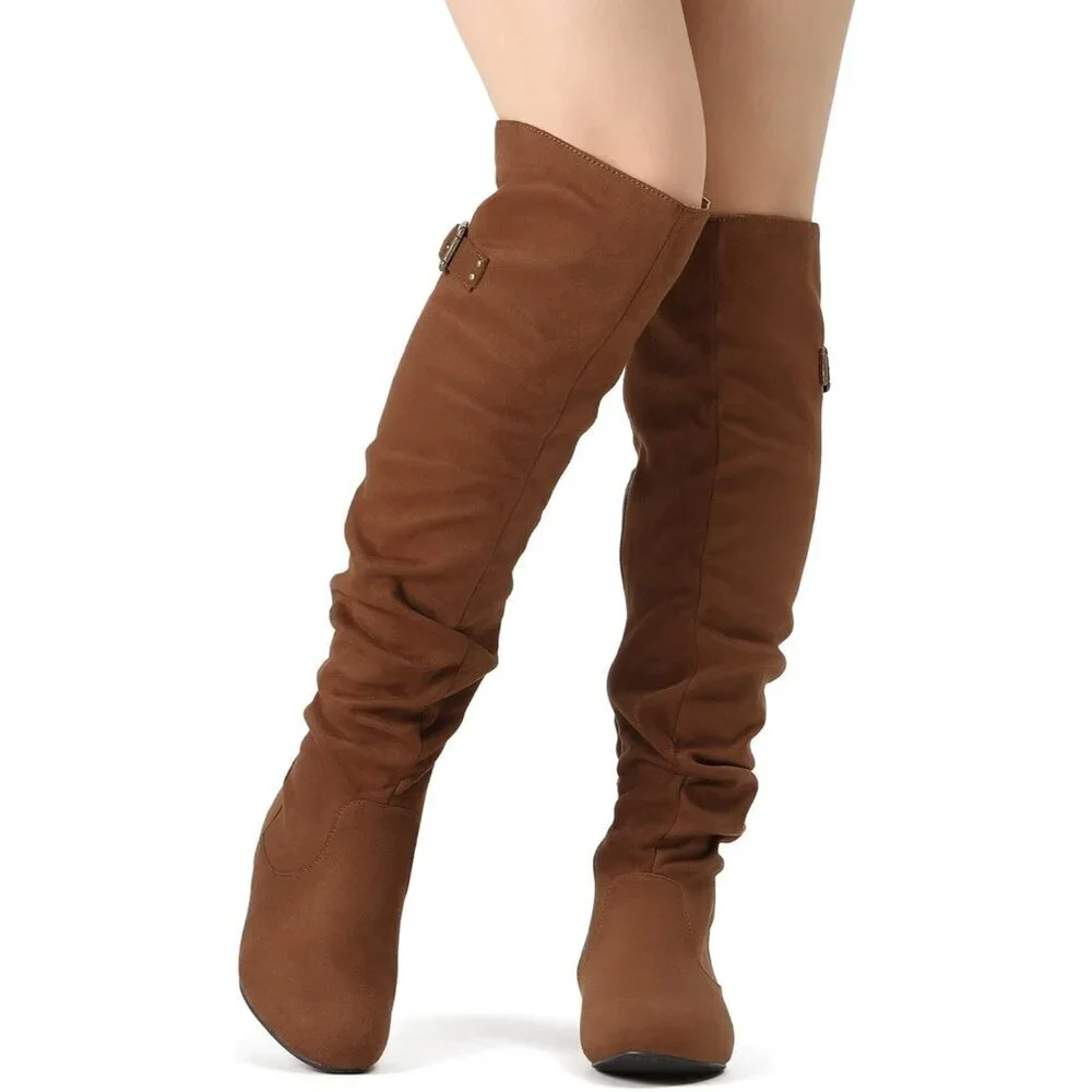 Women's Tan Suede Over The Knee Thigh High Comfortable Low Heel Winter Boots